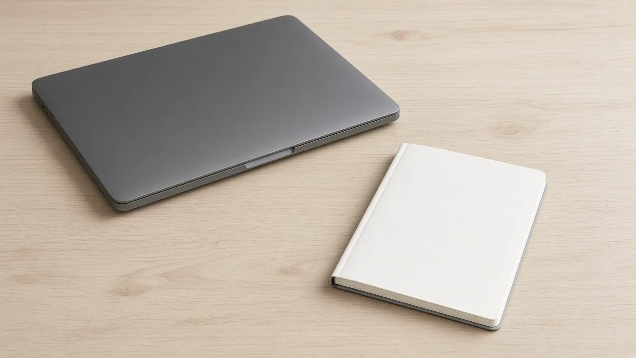 Closed dark laptop and a blank notebook on a pale desk, with no logos and no people