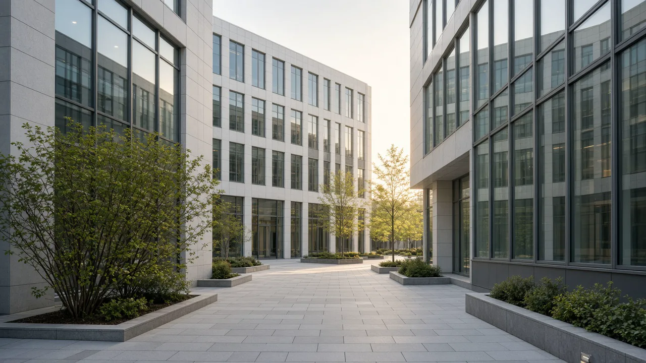 Empty glass courtyard between pale office buildings in late daylight, with no signs and no people
