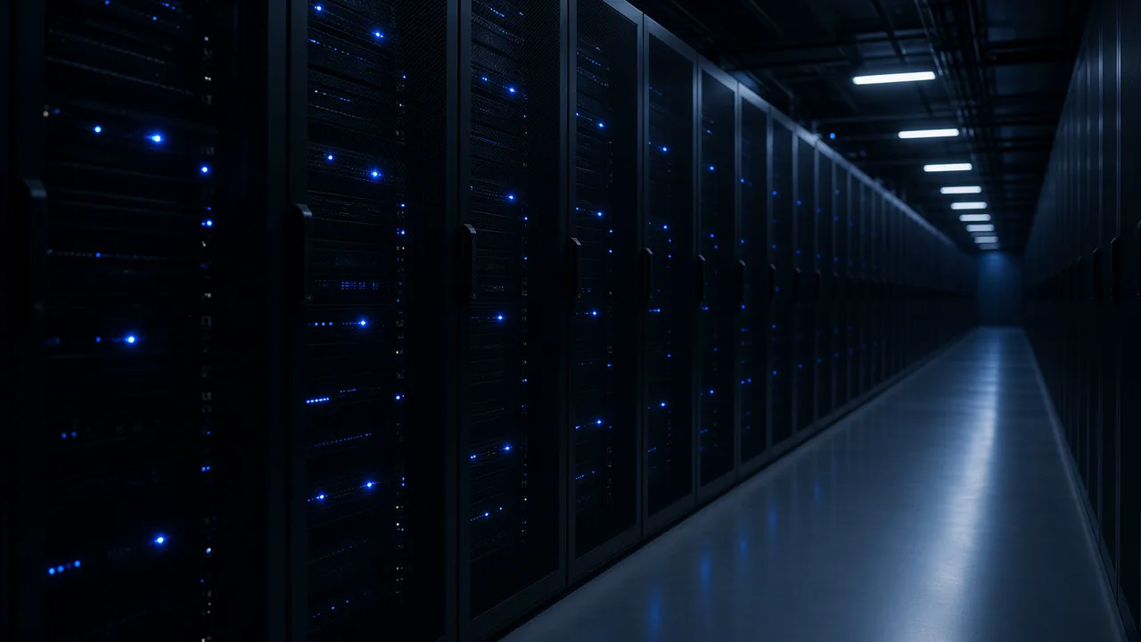 Long aisle of dark server racks with small blue status lights, with no brand labels and no people