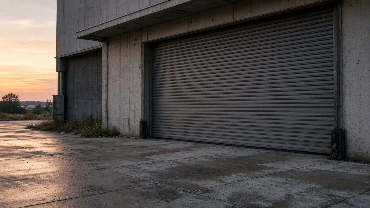 Empty loading dock at dawn with bare concrete and a closed shutter, and no vehicles and no people