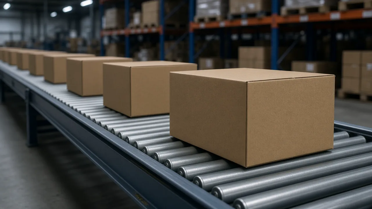 Plain cardboard boxes on an empty warehouse conveyor, with no logos and no people