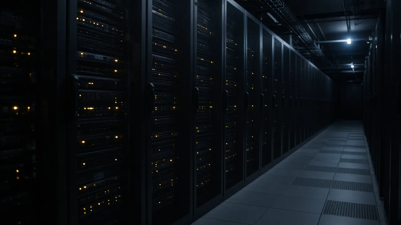 Dim aisle of server racks with small amber status lights, with no brand labels and no people