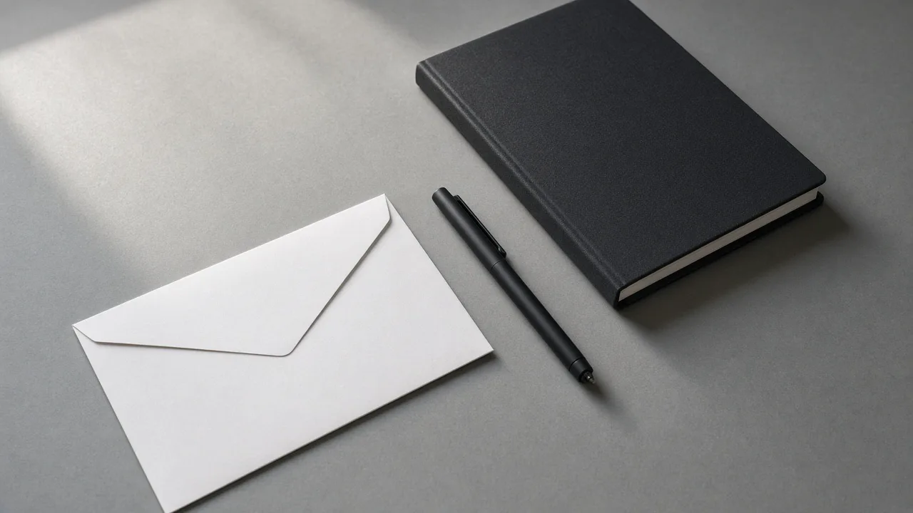 Plain white envelope, black pen, and closed notebook on a gray desk, with no logos and no readable writing