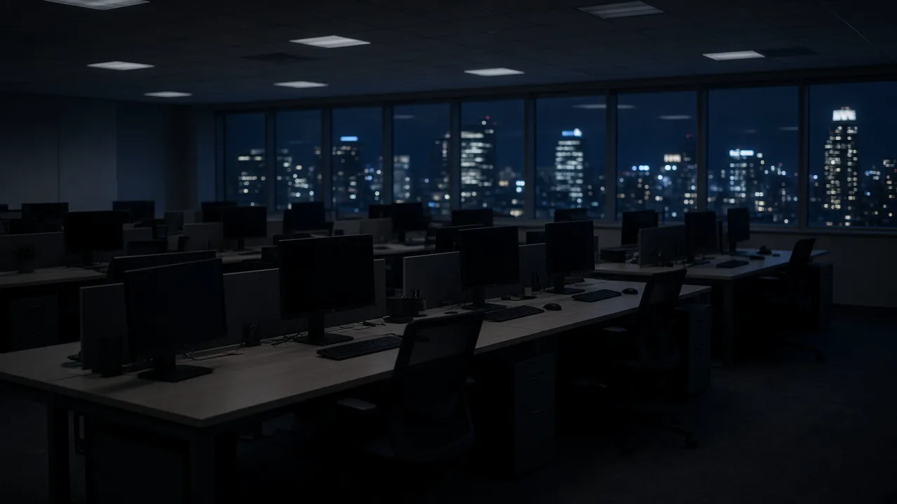 Empty open-plan office at night with dark monitors and a city glow through the windows, and no people or nameplates