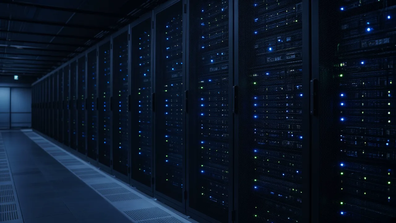 Server-room aisle of equipment racks with small lights, with no brand labels and no people