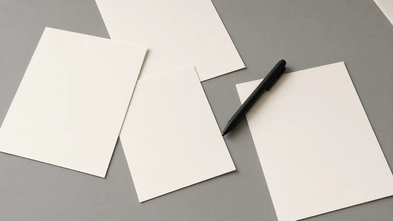 Blank cream sheets of paper and a black pen on a gray table, with no writing and no logos
