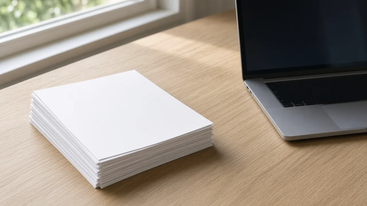 Plain paper pages and a dark laptop screen on an oak desk in morning light, with no readable writing and no people
