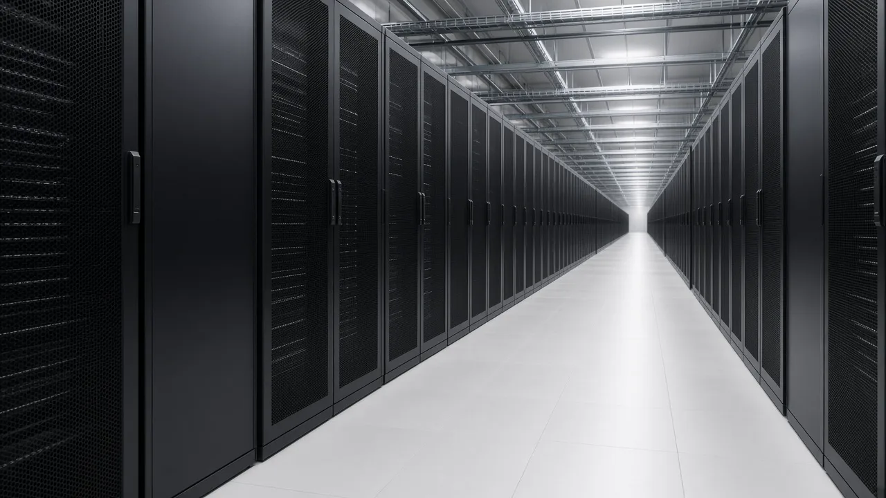 Long data-hall corridor of identical black equipment cabinets under even light, with no logos and no people