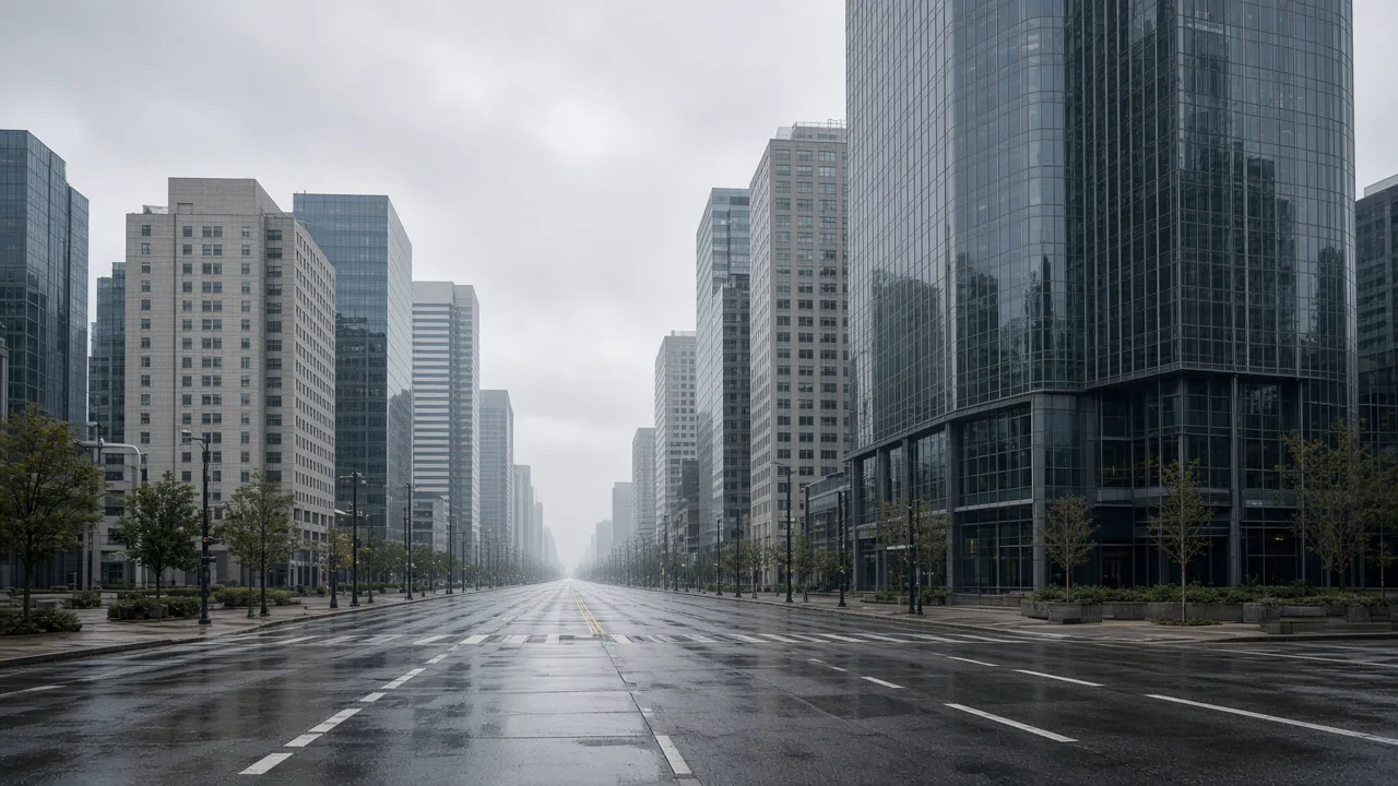 Wide empty city avenue of glass towers and wet pavement under an overcast sky, with no people or readable signs