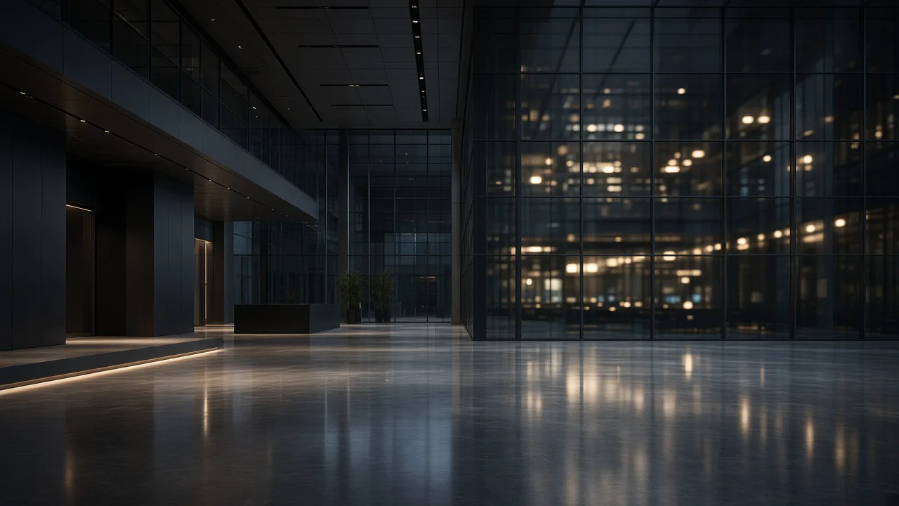 Empty modern exchange lobby with a dark glass wall and blurred warm lights, and no people or readable tickers