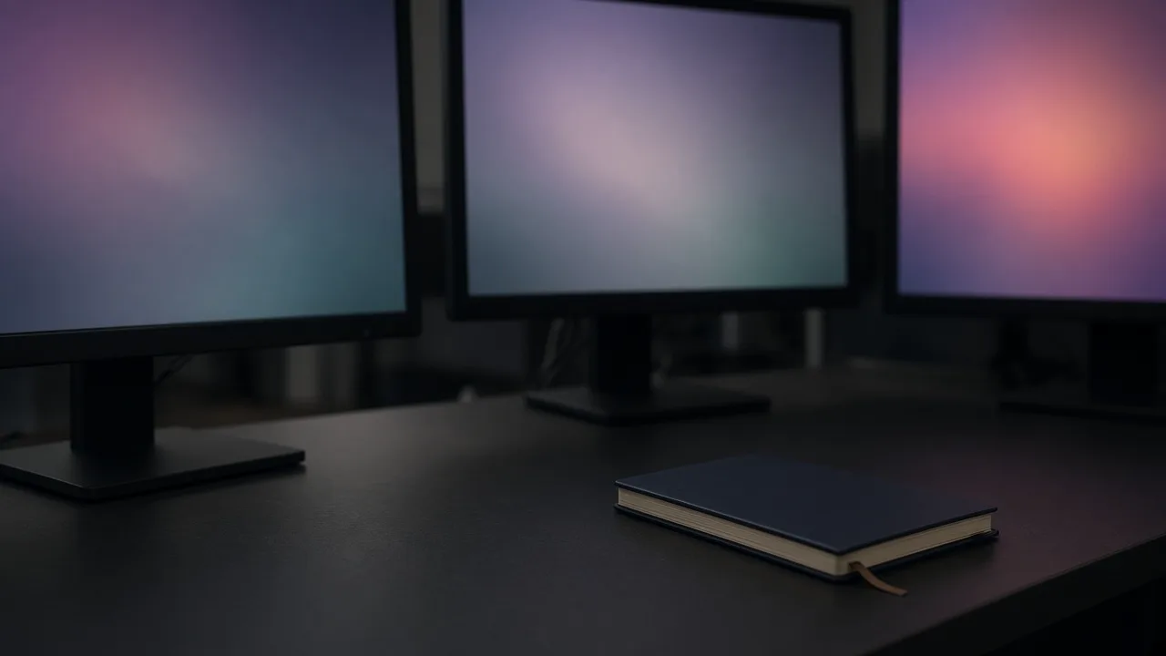Dark monitors on an empty desk showing only soft blurred color, with a closed notebook and no readable text