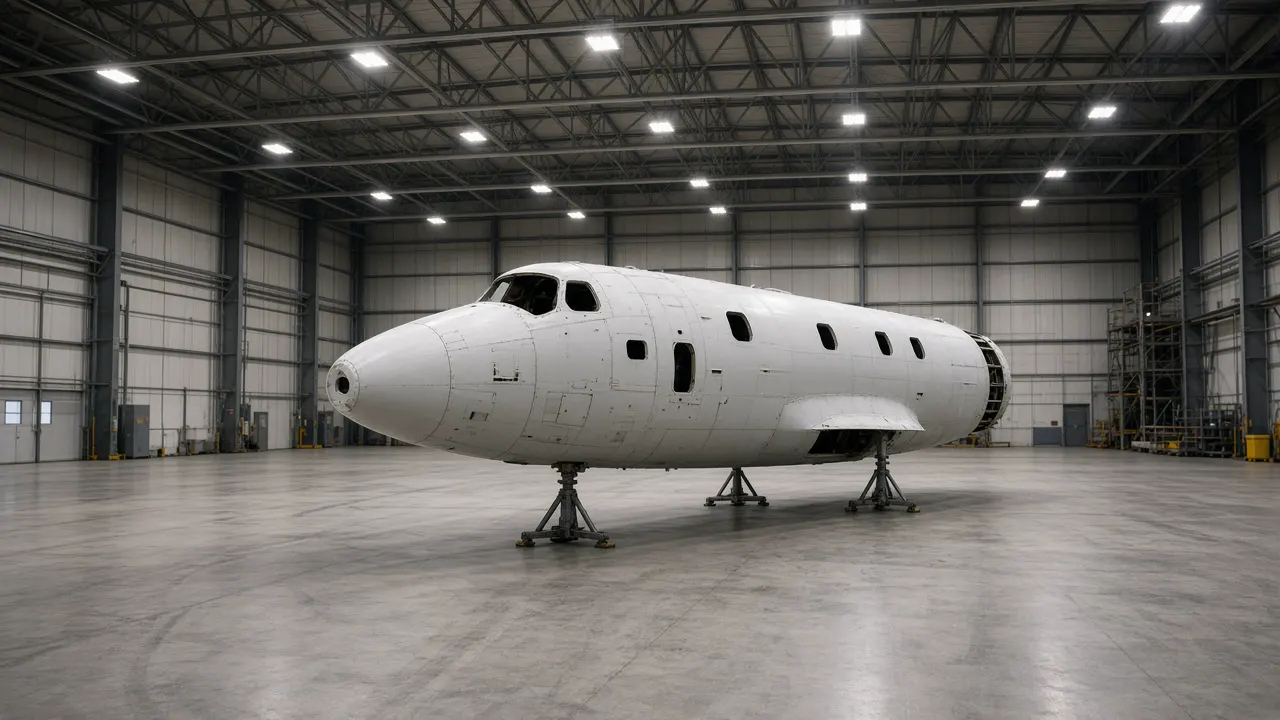 Empty aircraft hangar with a bare fuselage section and overhead lights, with no lettering and no people