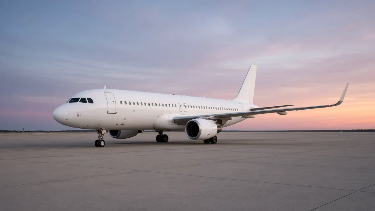 Unmarked narrow-body jet on an empty apron at dusk, with no airline livery and no people