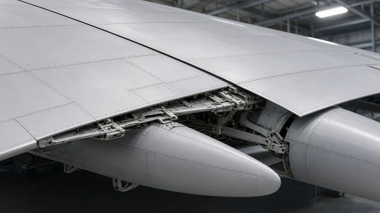 Close view of a plain metal aircraft wing and flap tracks in a hangar, with no logos and no people