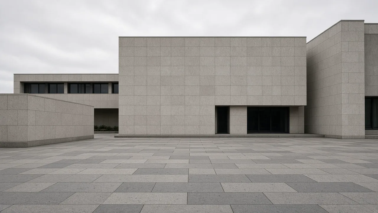 Quiet stone plaza in front of a plain modern building, with no flags, no signs, and no people