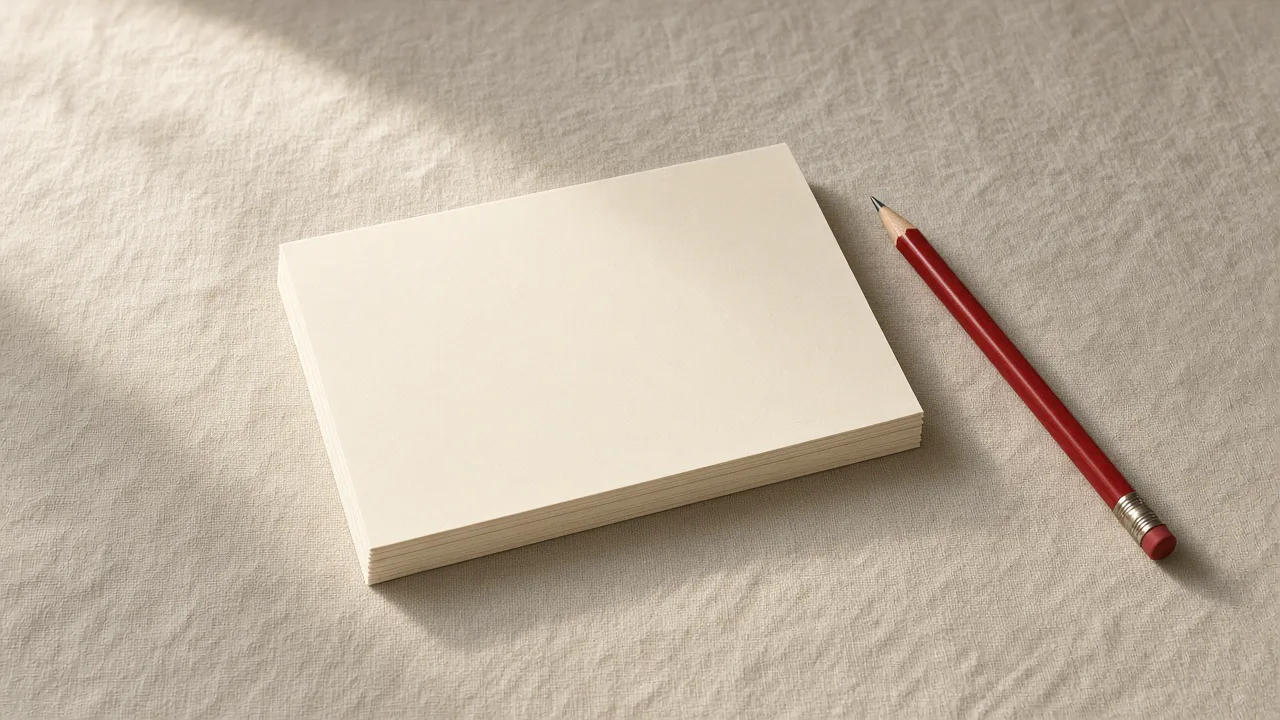 Stack of unmarked paper and a red pencil on a linen desk, with no writing and no people
