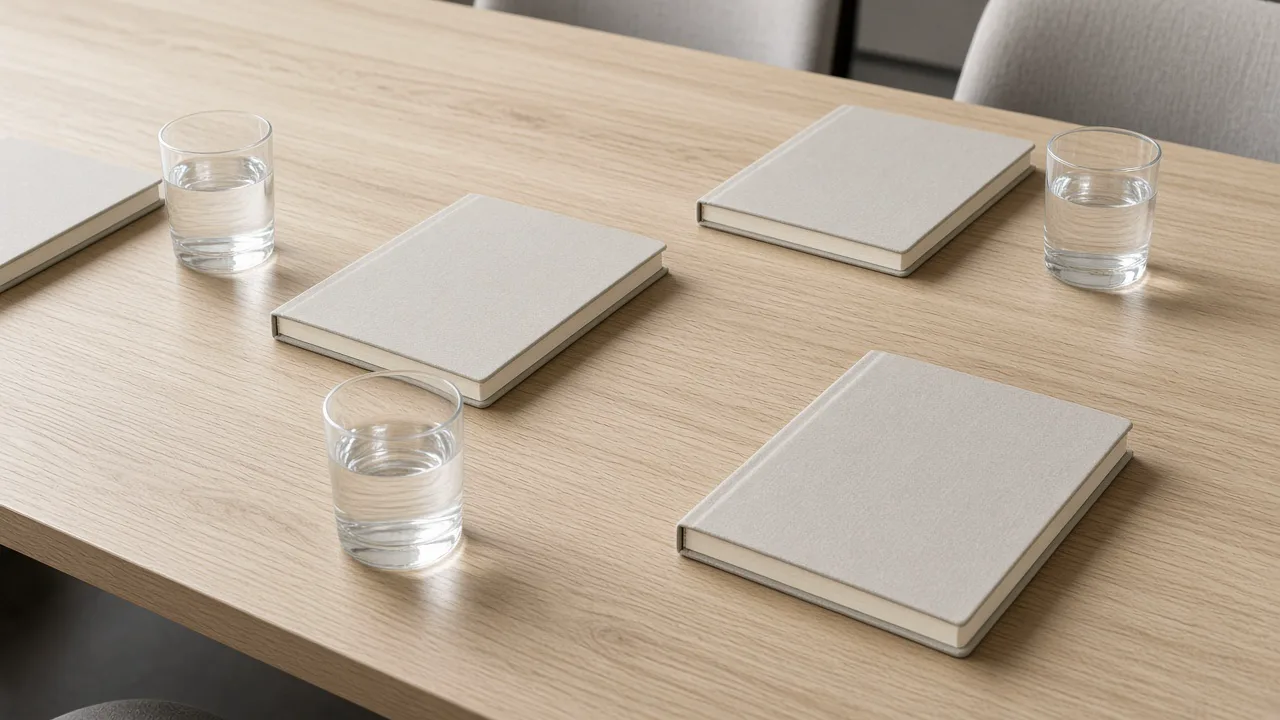 Empty pale wood conference table with closed blank notebooks and water glasses, and no people