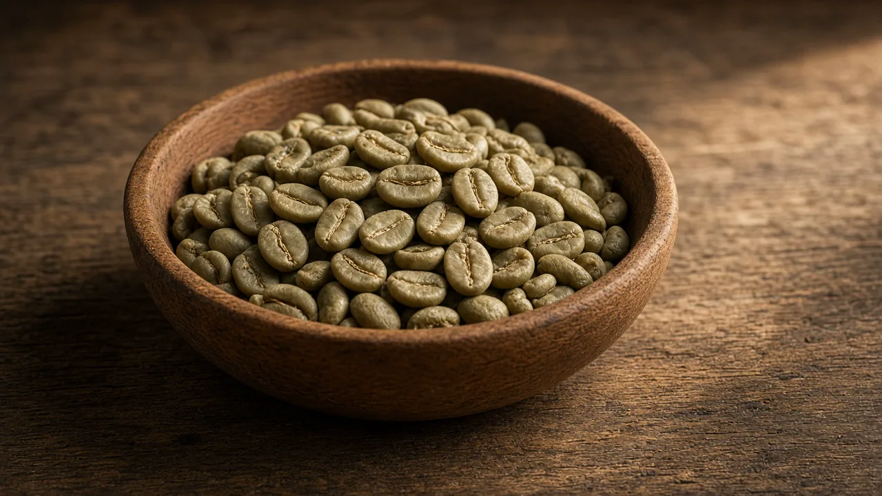 Raw coffee beans in a plain wooden bowl on a table, with no labels and no people