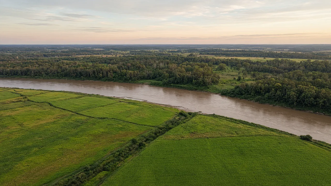 Aerial view of green farmland meeting a wide muddy river and a distant tree line, with no people or flags
