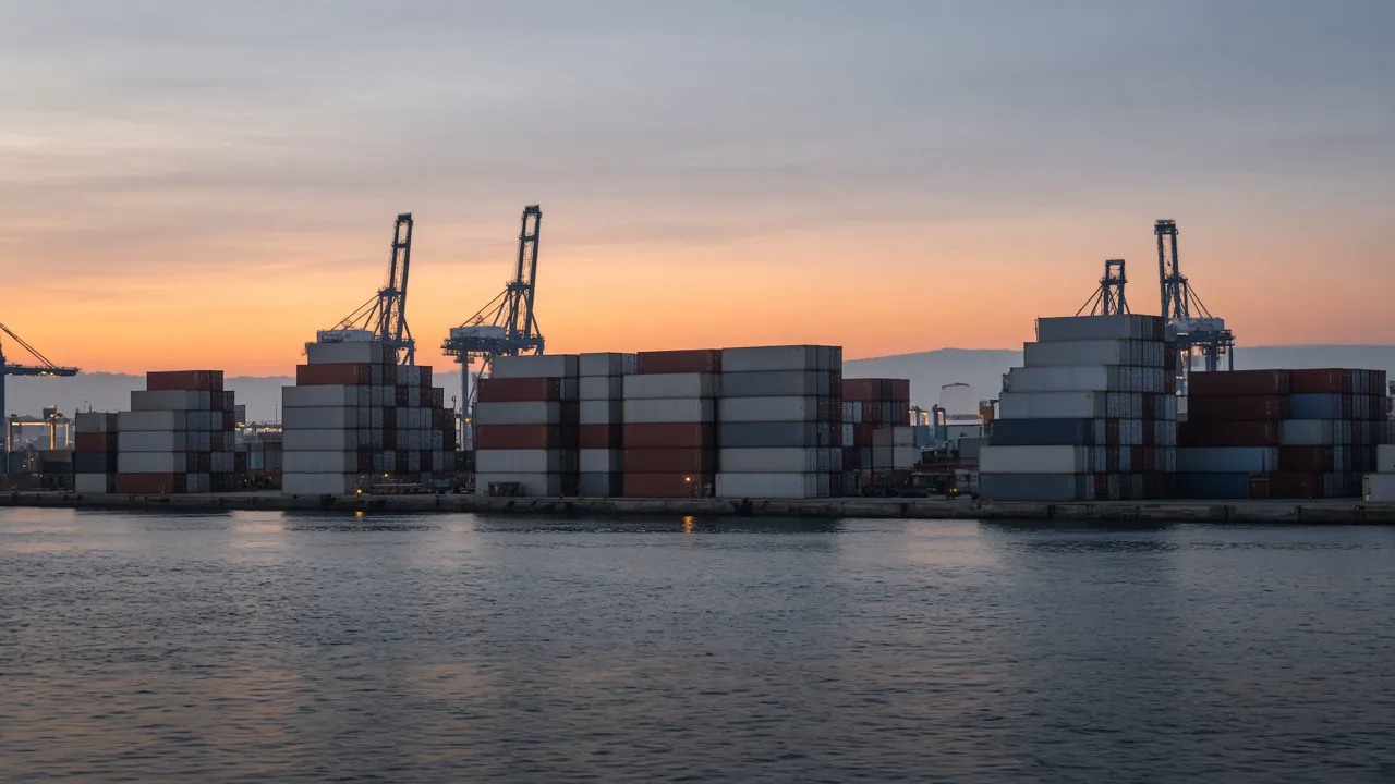 Cargo port at dawn with stacked plain shipping containers and calm water, with no readable codes or people
