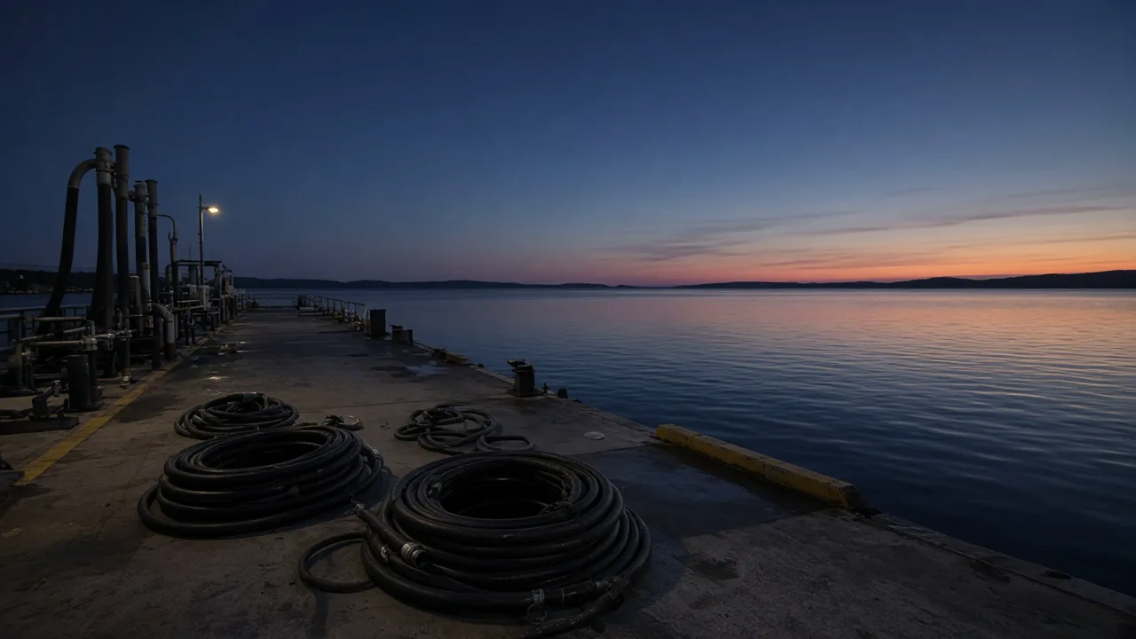 Quiet tanker pier with empty hoses and calm harbor water at twilight, with no names and no people