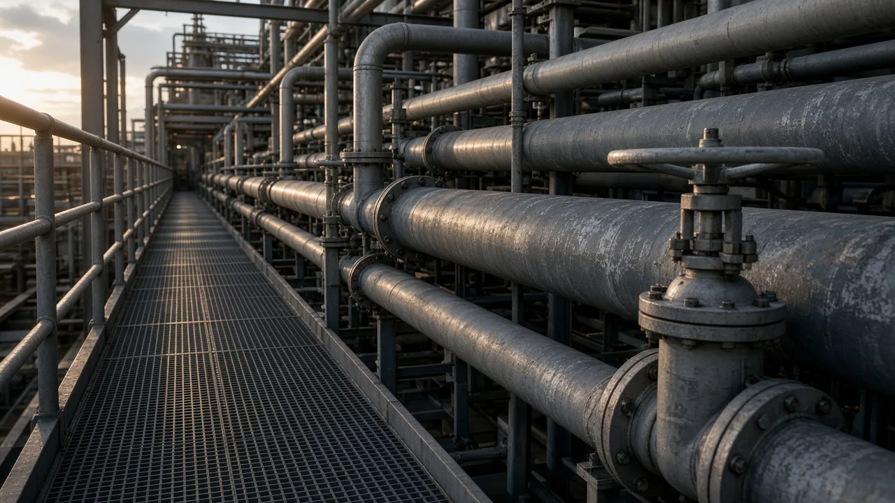Large unbranded pipes and valves along an empty industrial walkway, with no signs and no people