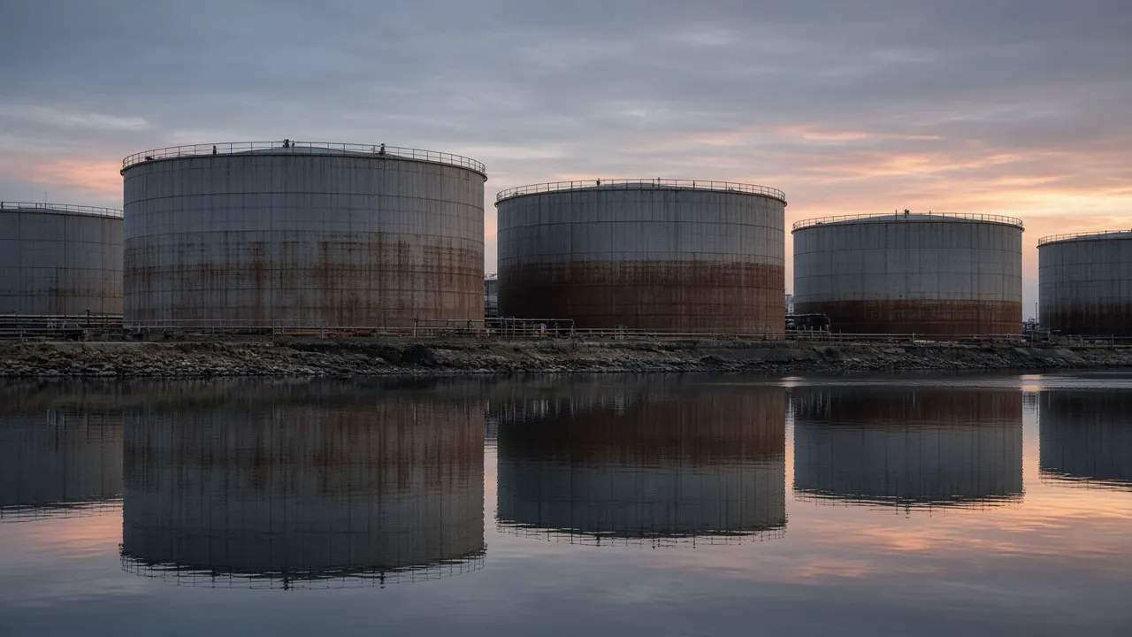 Unbranded cylindrical storage tanks beside still water at dusk, with no lettering and no people