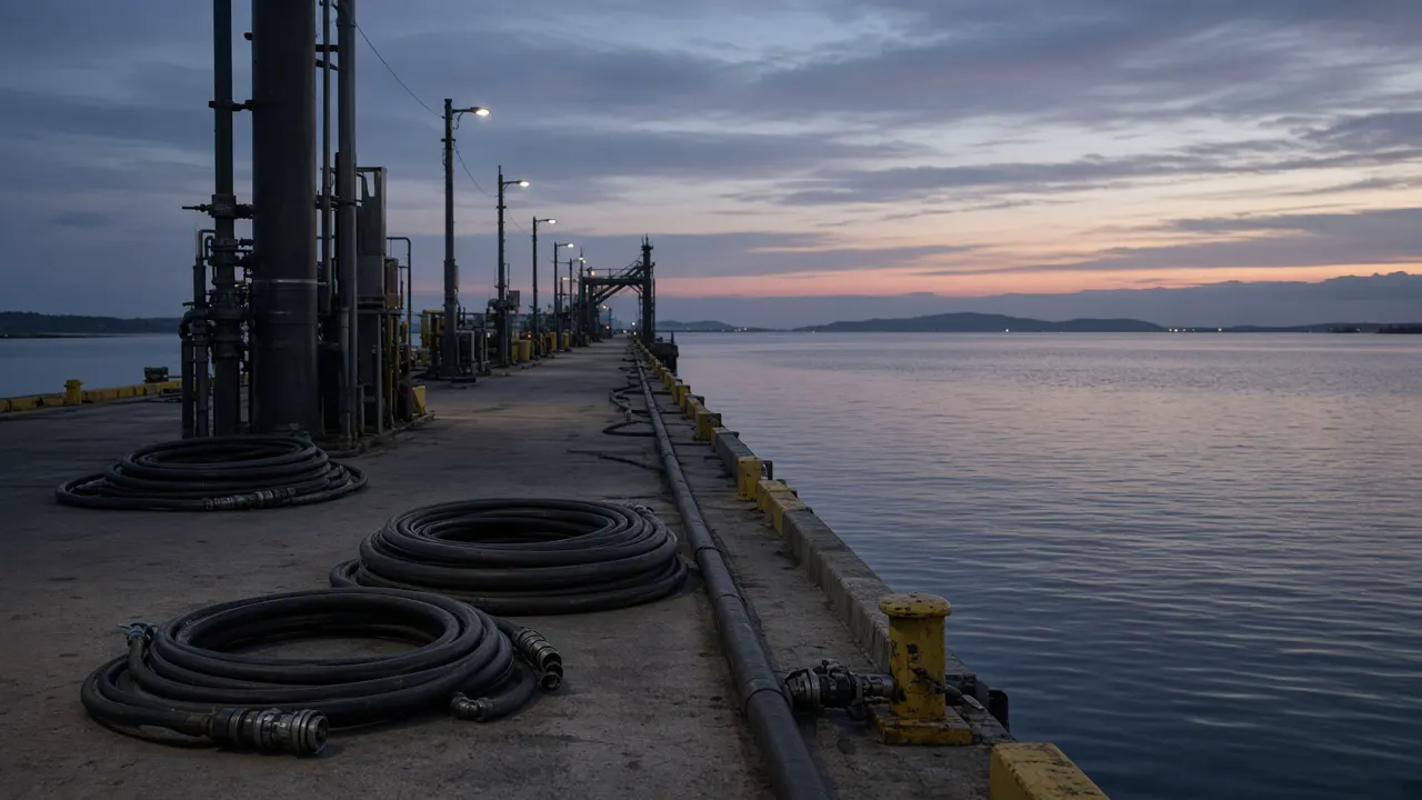 Quiet tanker pier with empty hoses and calm harbor water at twilight, with no names and no people