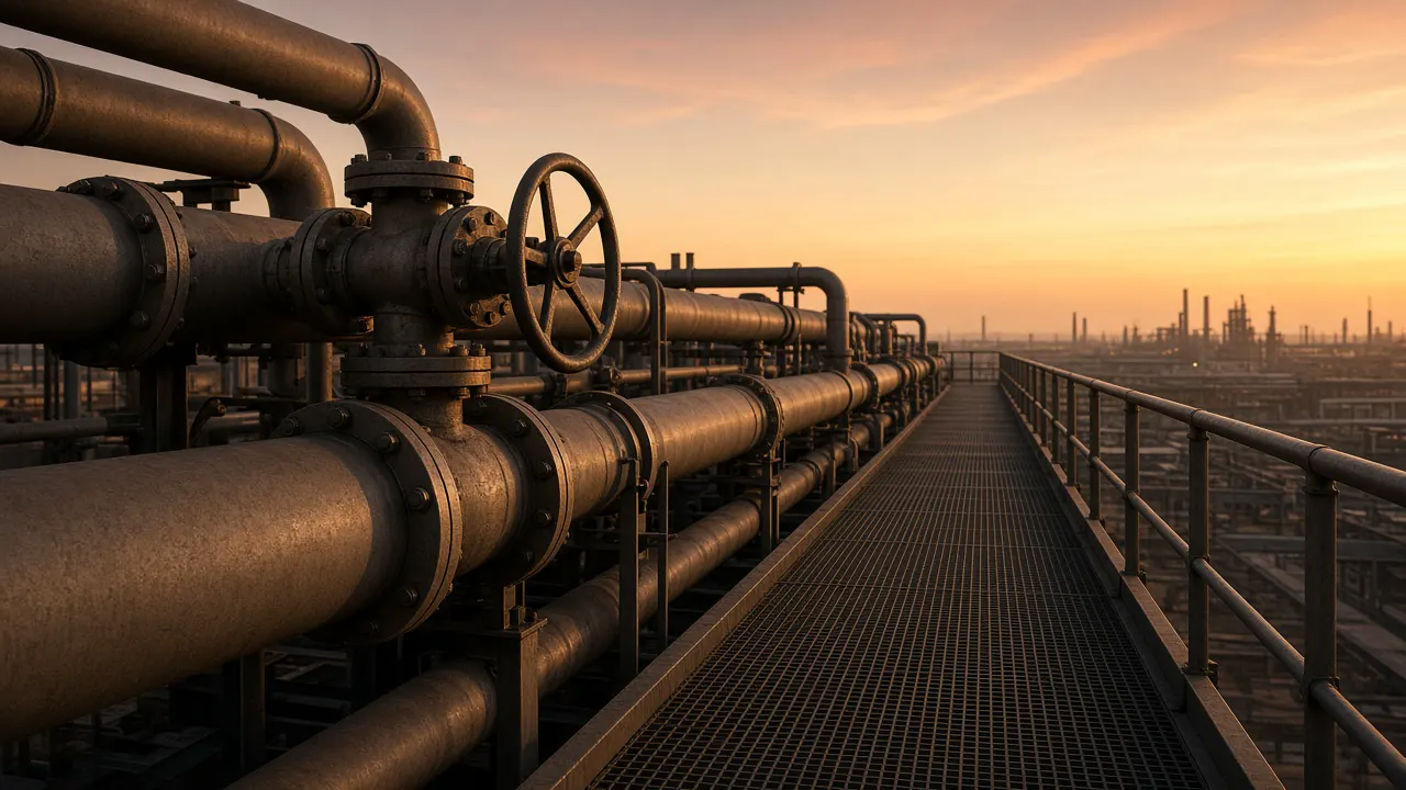 Large unbranded pipes and valves along an empty industrial walkway, with no signs and no people