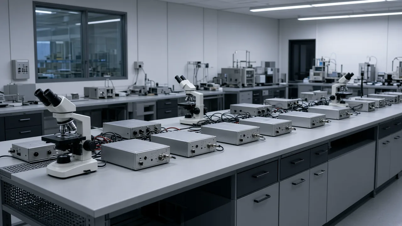 Empty electronics laboratory with microscopes and unbranded test instruments on long benches, and no people