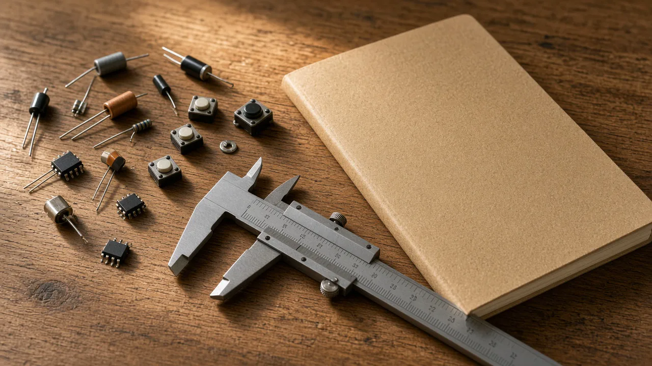 Loose unbranded electronic parts, a metal caliper and a closed notebook on a wooden bench, with no logos and no people