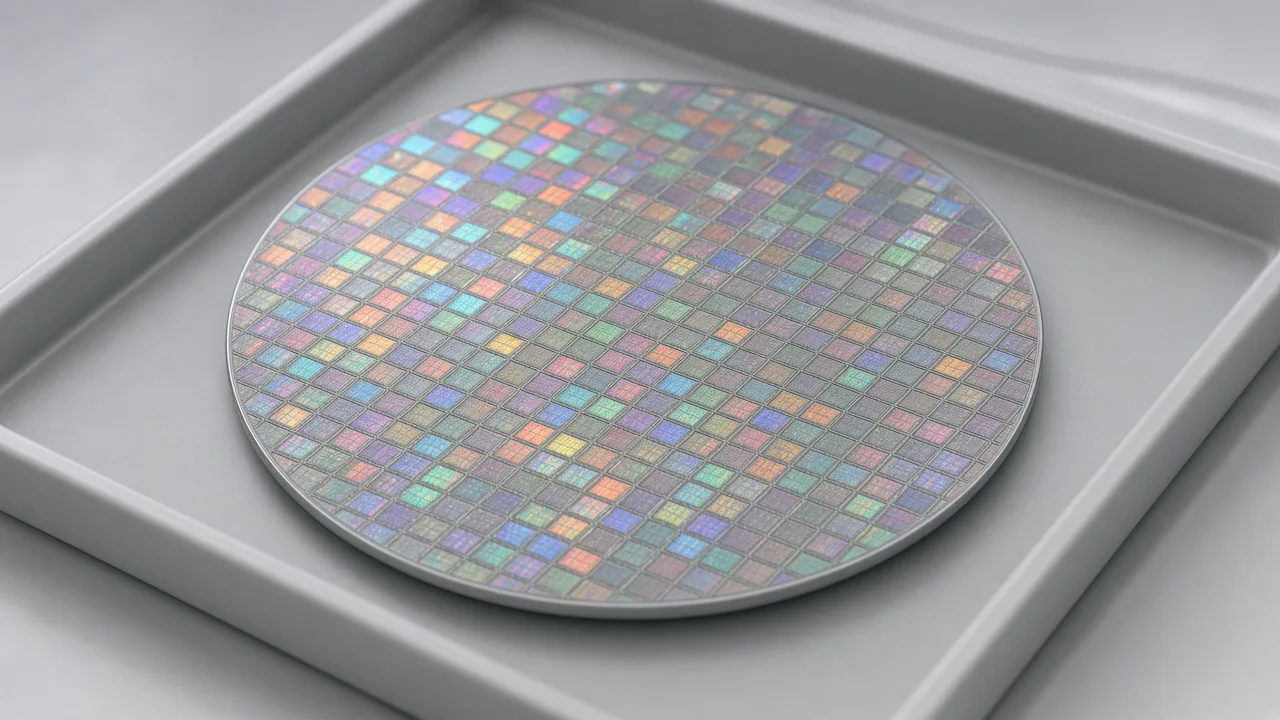 Round silicon wafer with a fine grid of squares on a clean tray, with no logos and no readable marks
