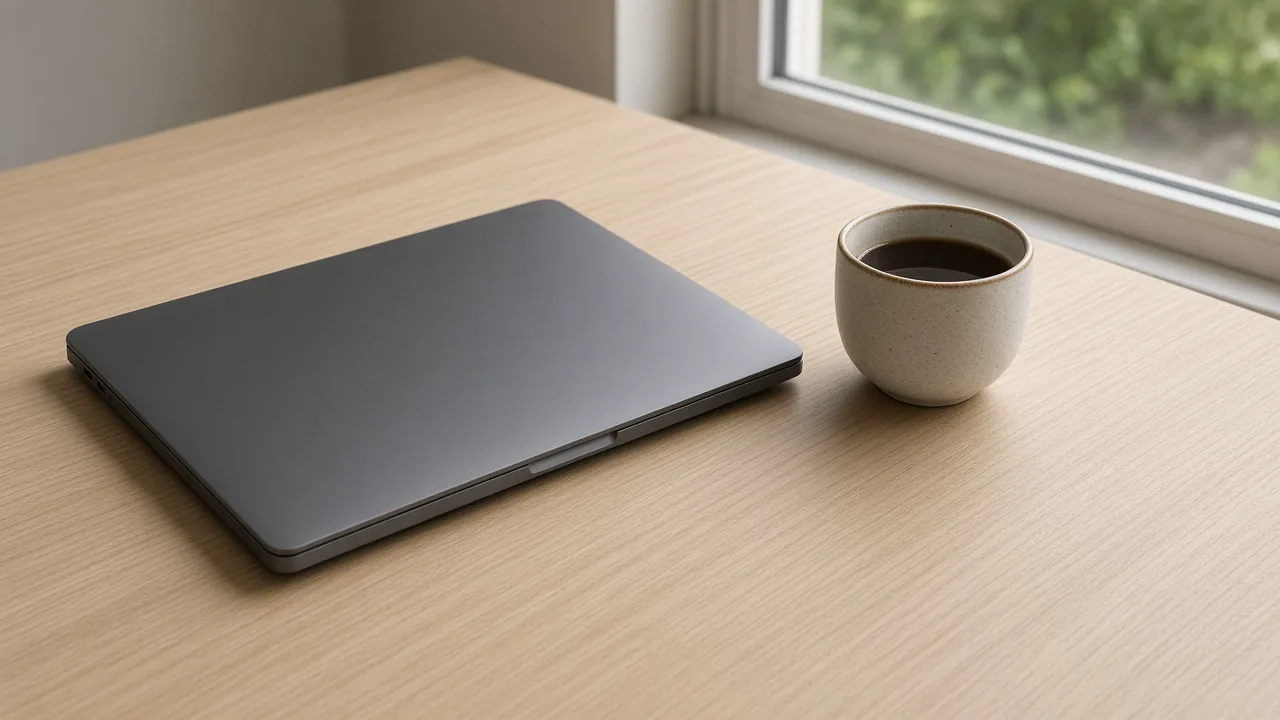 Closed laptop and a ceramic cup on a pale wood desk, with no logos and no people