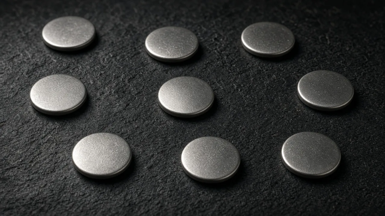 Unmarked metal discs on dark stone, with no symbols, no lettering, and no people