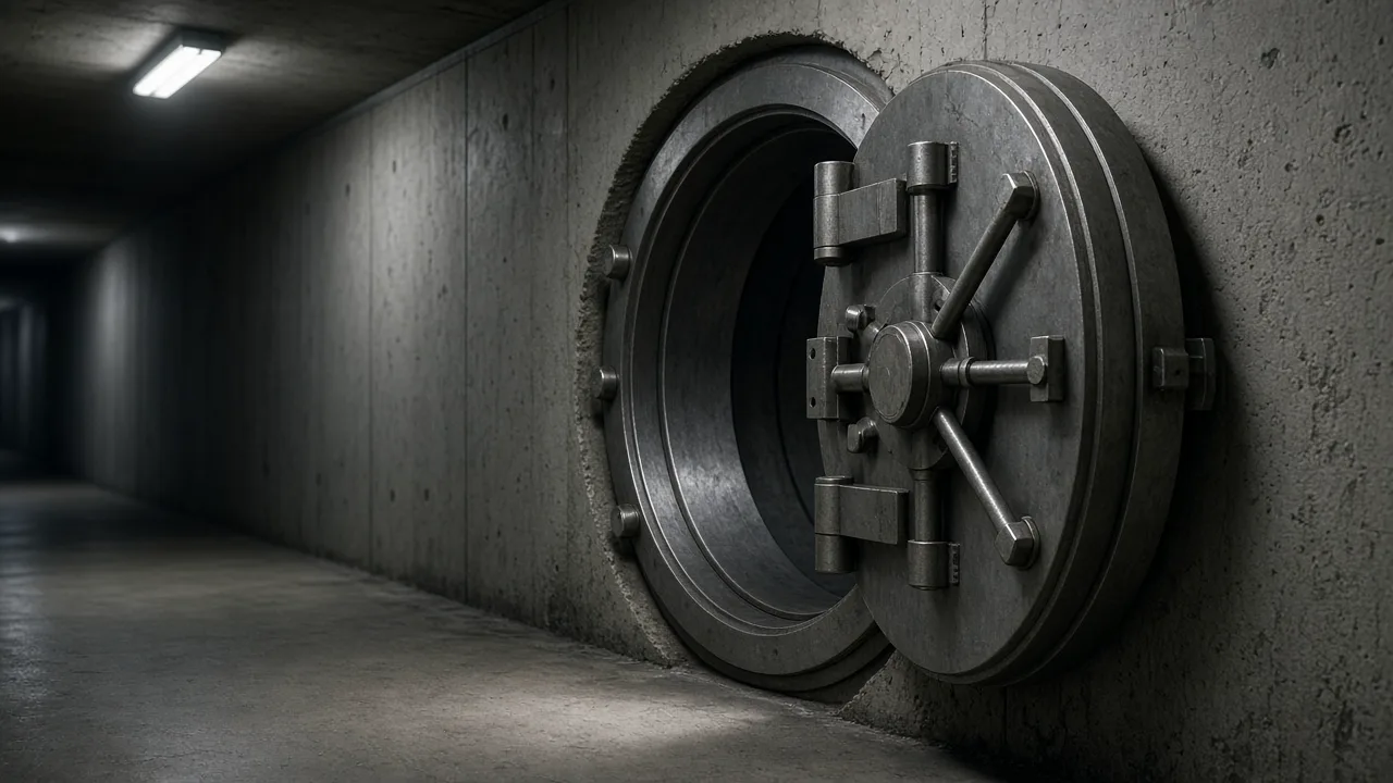 Open round steel door in a quiet concrete room, with no lettering and no people