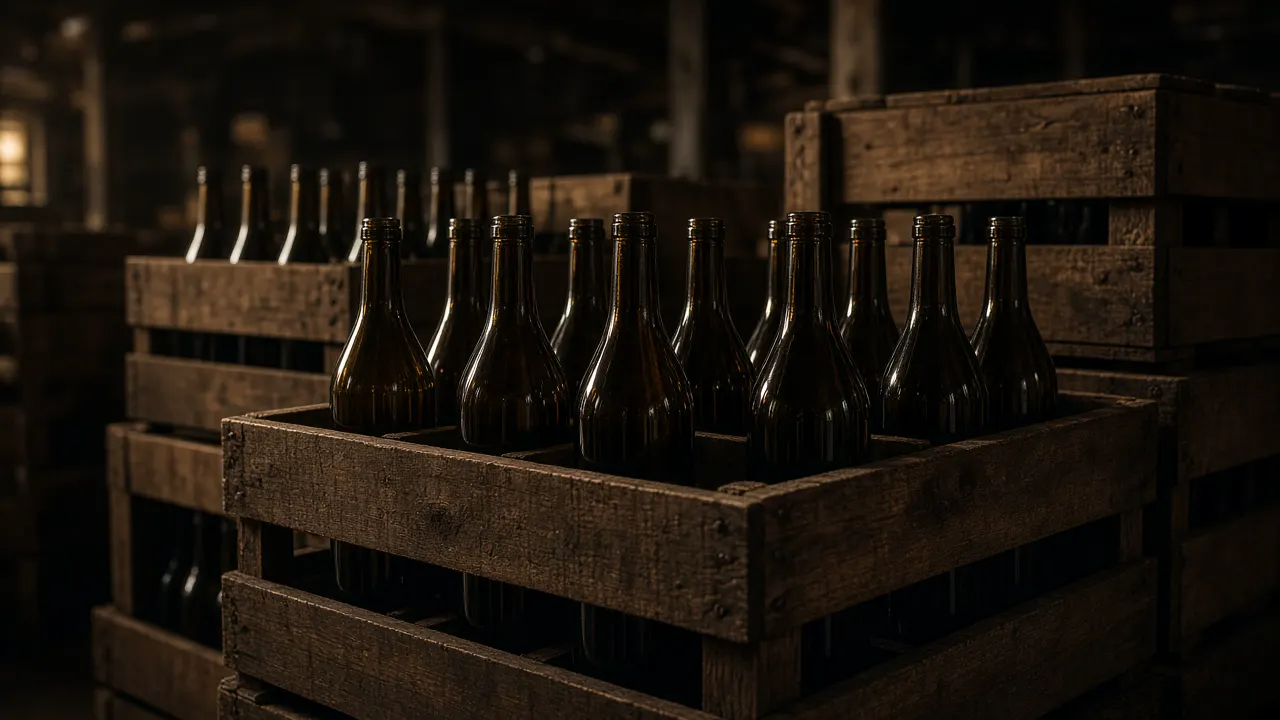 Wooden crates of unlabeled glass bottles in a dim warehouse, with no brand marks and no people