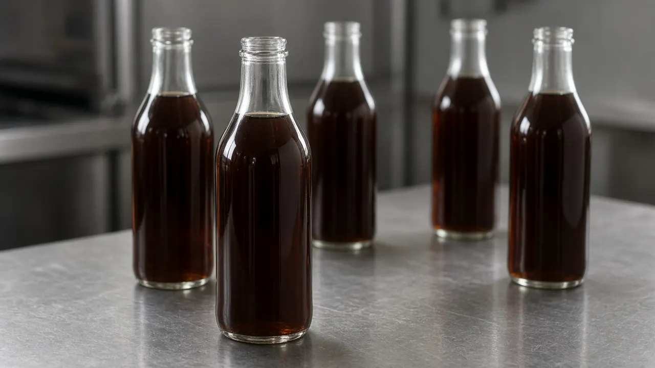Plain glass bottles of a dark drink on a steel table, with no labels and no people