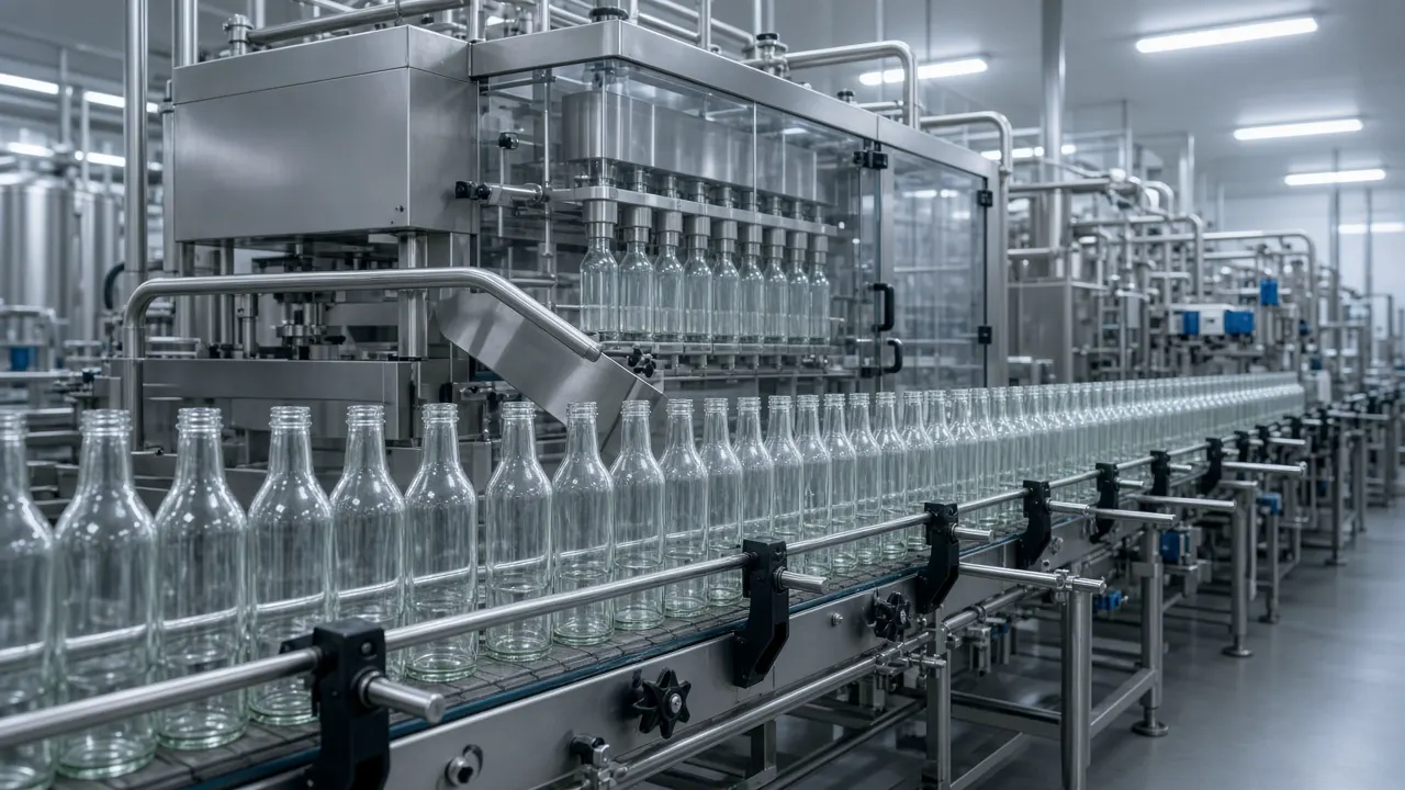 Empty bottling line with unlabeled glass bottles under factory lights, with no logos and no people