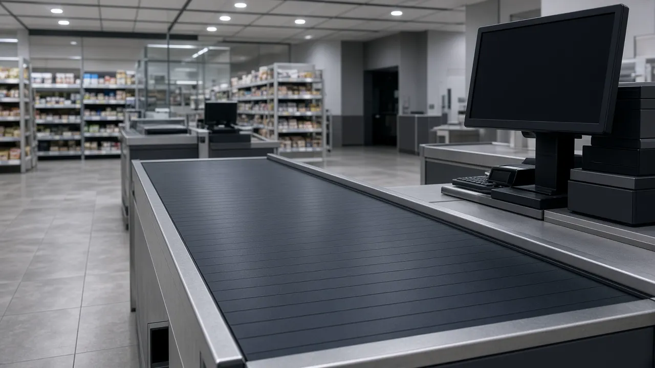 Empty checkout lane with a dark conveyor and a blank screen, with no logos and no people