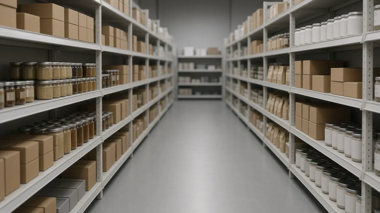 Quiet grocery aisle with plain packages on shelves, with no brand names and no people