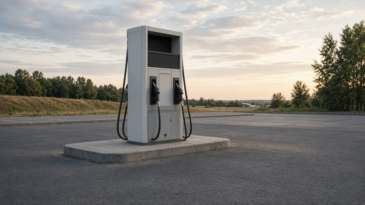 Unbranded fuel pump at an empty station in late daylight, with a blank price panel and no people
