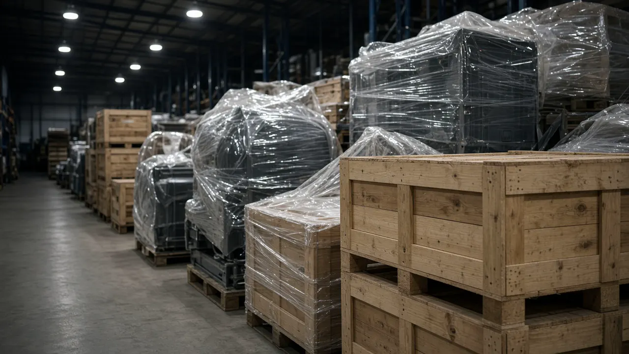 Wooden crates and wrapped industrial equipment in a quiet warehouse aisle, with no labels and no people