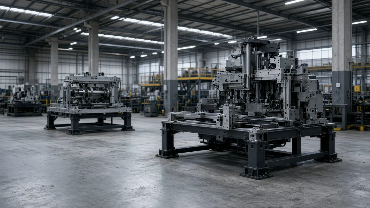 Empty factory floor with unfinished metal assemblies on stands, with no logos and no people