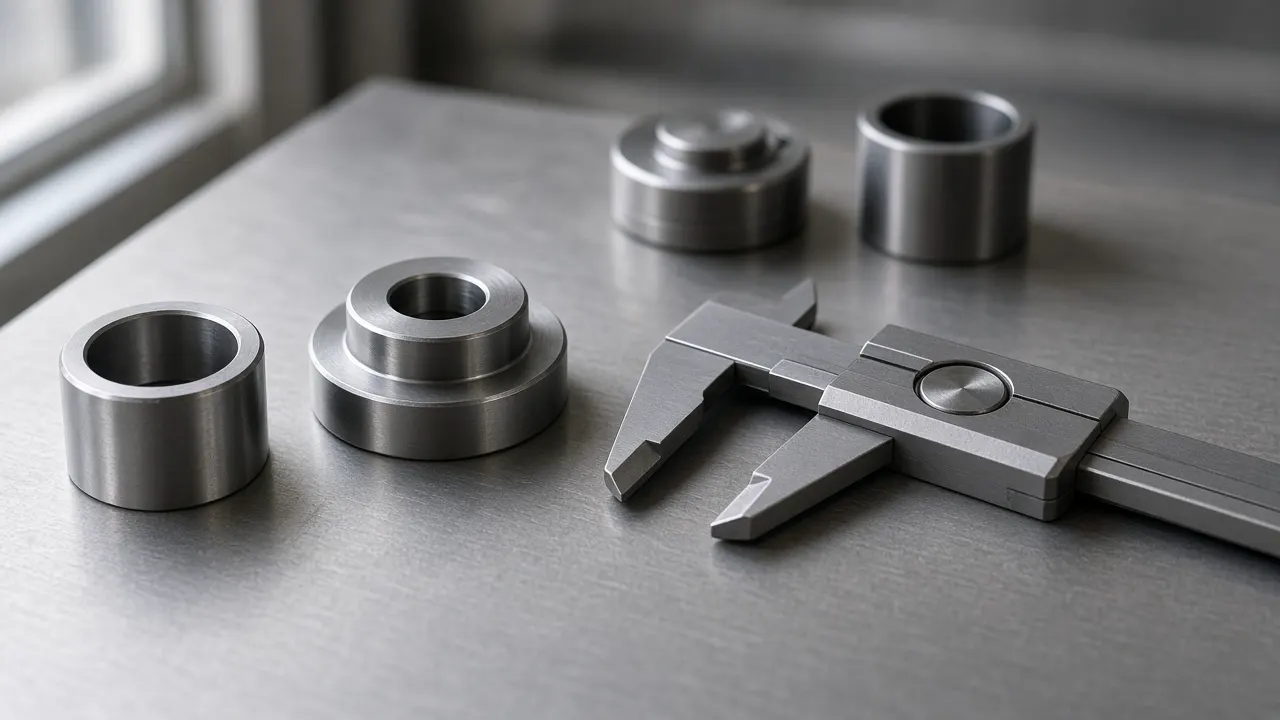Machined metal parts and a closed caliper on a steel bench, with no readable stamps and no people