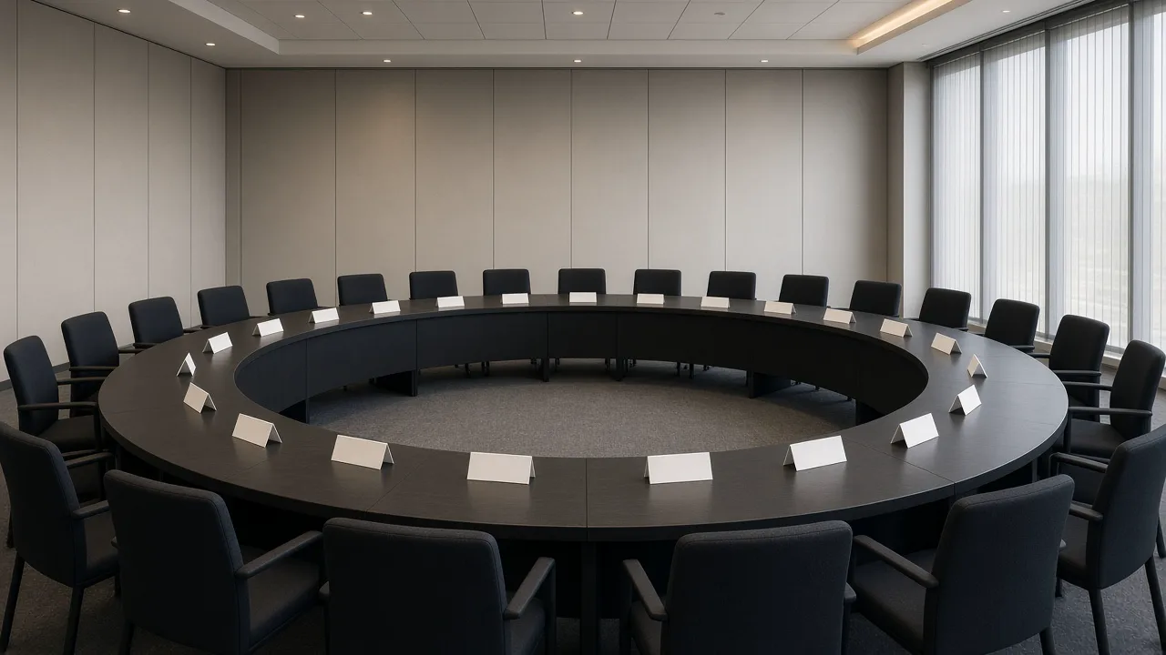 Empty semicircle of plain chairs around a dark table, with blank name cards and no people