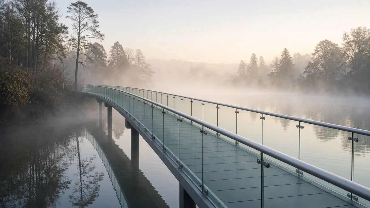 Glass footbridge over a river in morning light, with no signs and no people