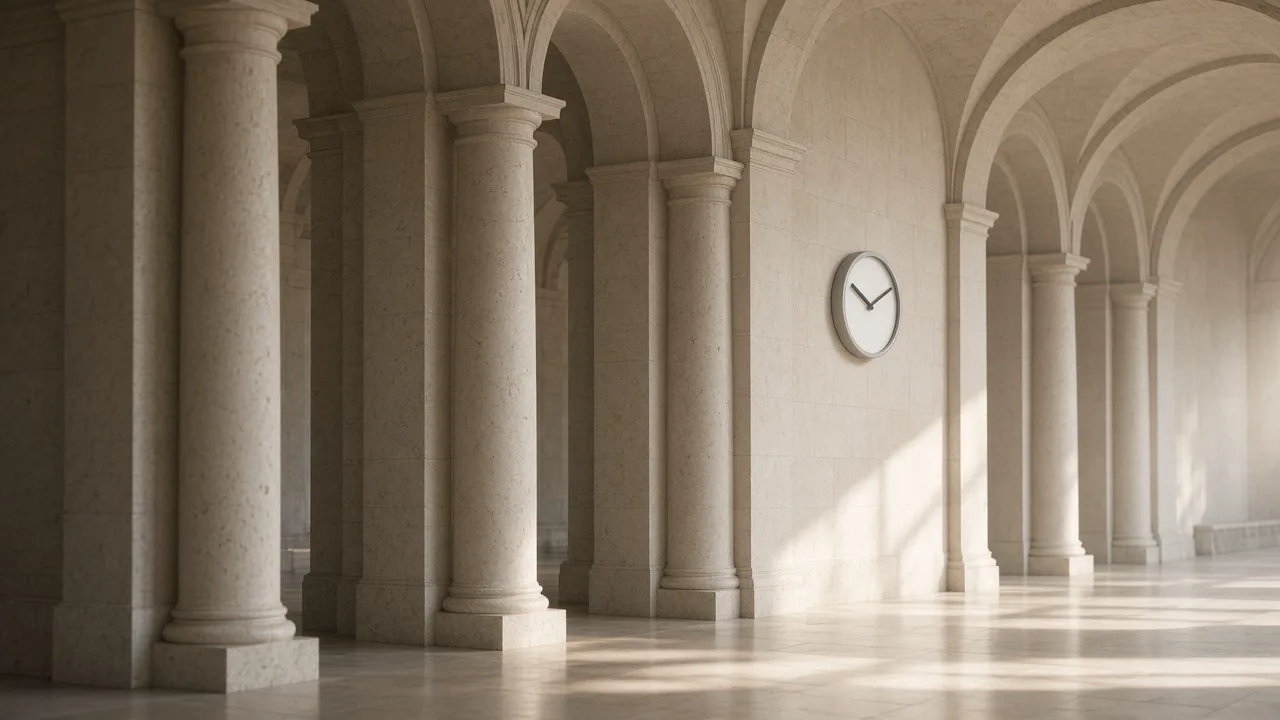 Pale stone colonnade and a plain round clock in an empty civic hall, with no emblems and no people