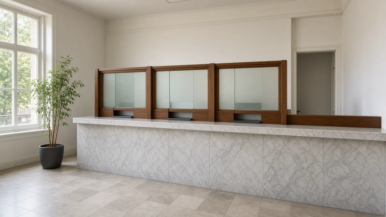 Empty bank lobby with a marble counter and frosted teller windows, and no signs and no people