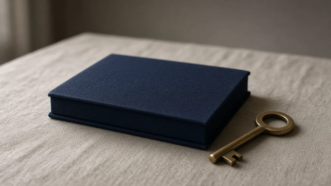 Closed plain navy passbook and a brass key on a linen cloth, with no text and no people