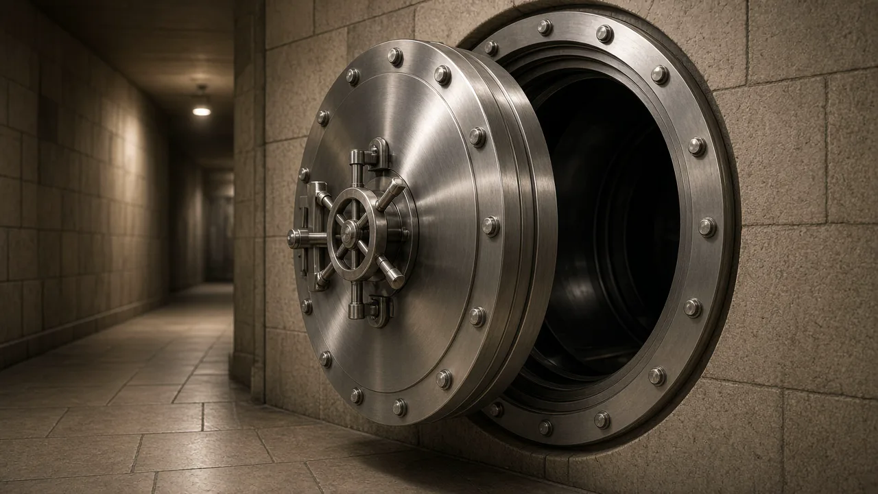 Round steel vault door standing open in a quiet stone corridor, with no lettering and no people